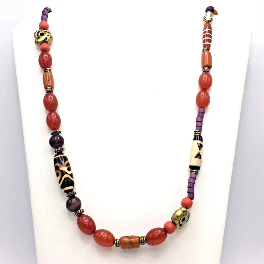 Pink Purple Amber Glass Ceramic Trade Bead Necklace Gold Tone Accents